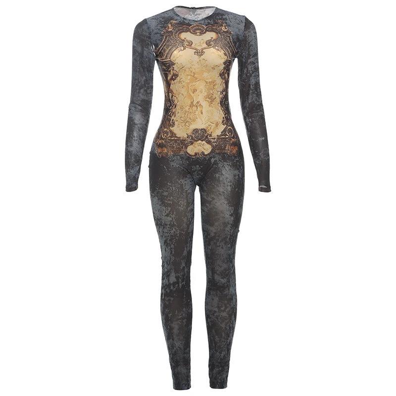 Women's Printed Sexy Mesh High Waist Slim-fit Zipper Long-sleeved Jumpsuit