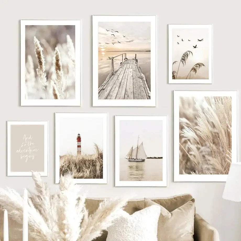 Nordic red & white lighthouse beach landscape canvas living room art