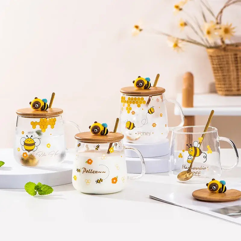 Bee glass spoon milk cup with bamboo lid kitchen coffee mug