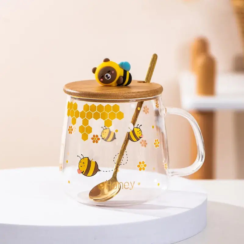 Bee glass spoon milk cup with bamboo lid kitchen coffee mug