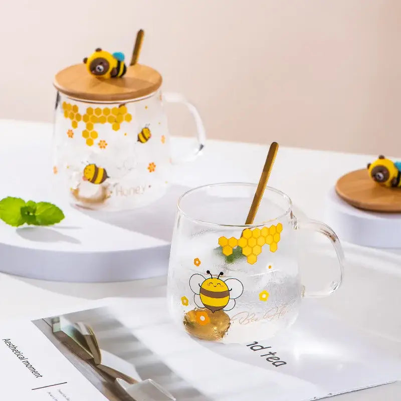 Bee glass spoon milk cup with bamboo lid kitchen coffee mug