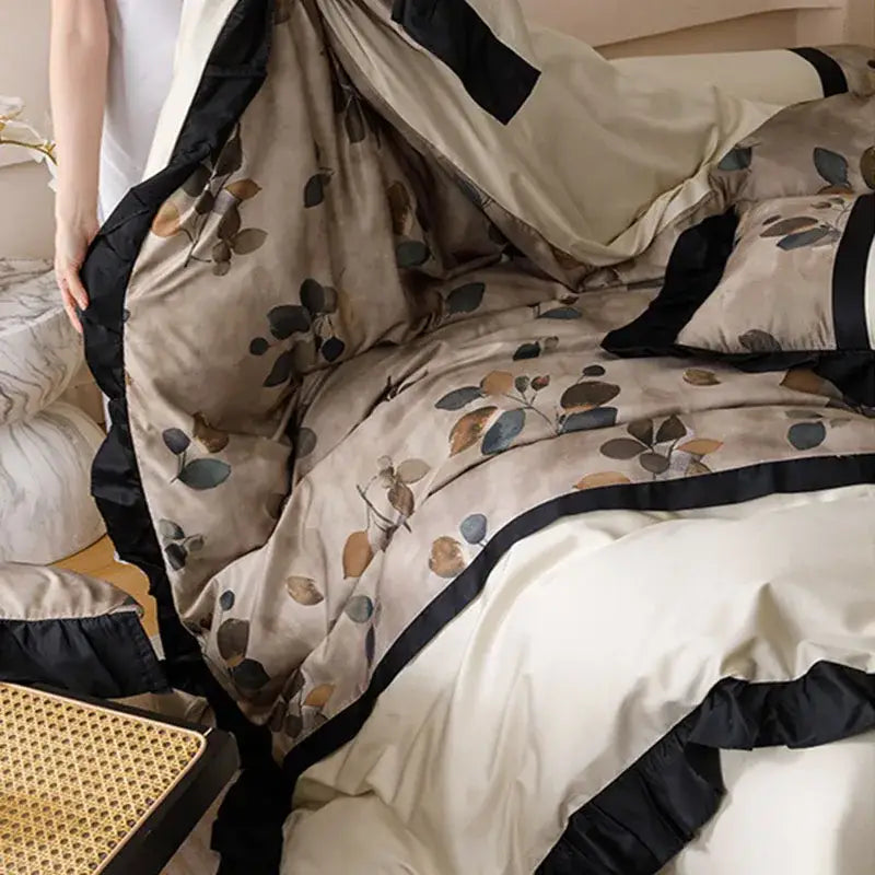 Beige & black leaf ice rayon summer bedding set bedroom duvet set