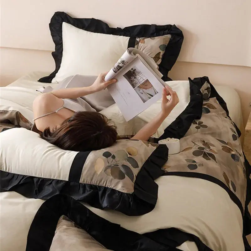 Beige & black leaf ice rayon summer bedding set bedroom duvet set
