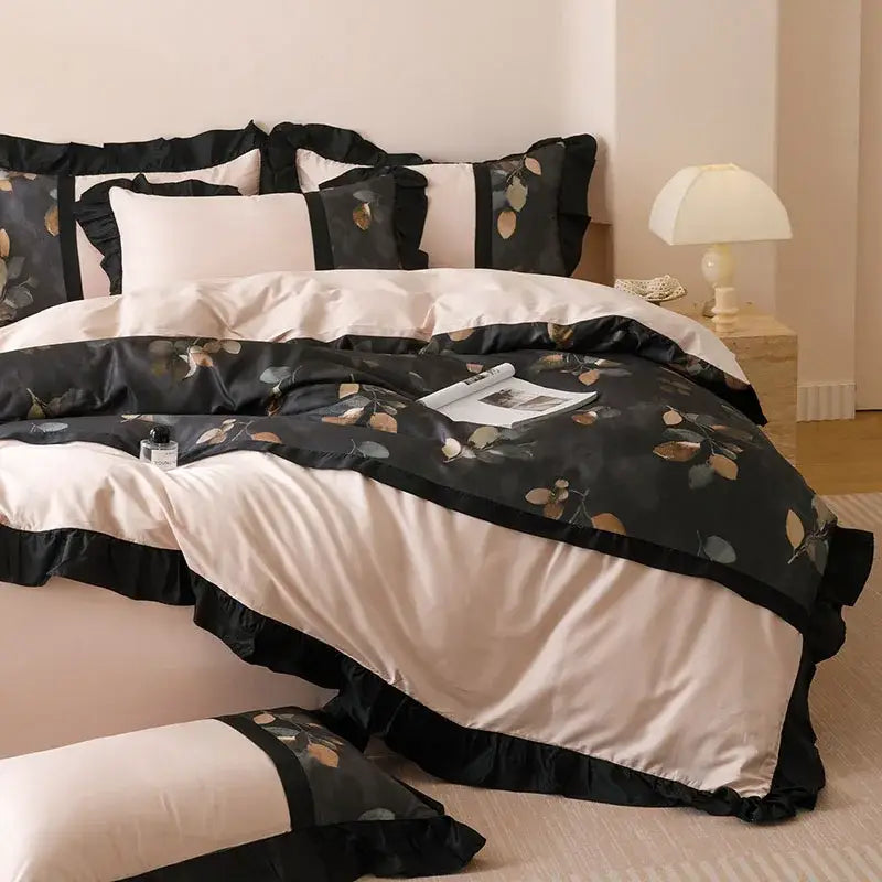 Beige & black leaf ice rayon summer bedding set bedroom duvet set