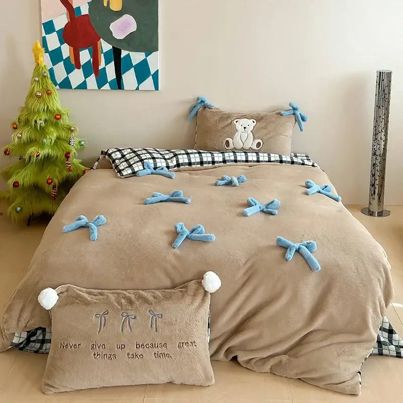 Beige & blue embroidered velvet duvet bedding set bedroom bow decor