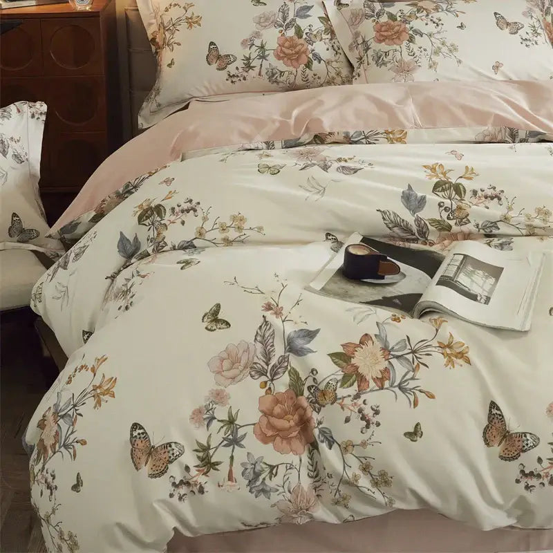 Beige & blush butterfly blooming flowers bedding set bedroom cotton