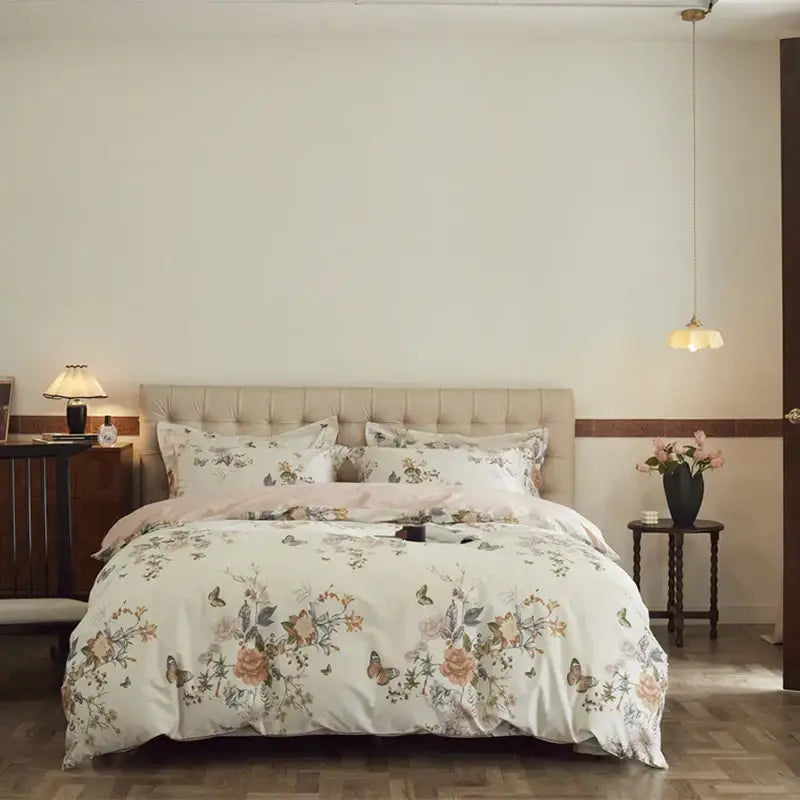 Beige & blush butterfly blooming flowers bedding set bedroom cotton