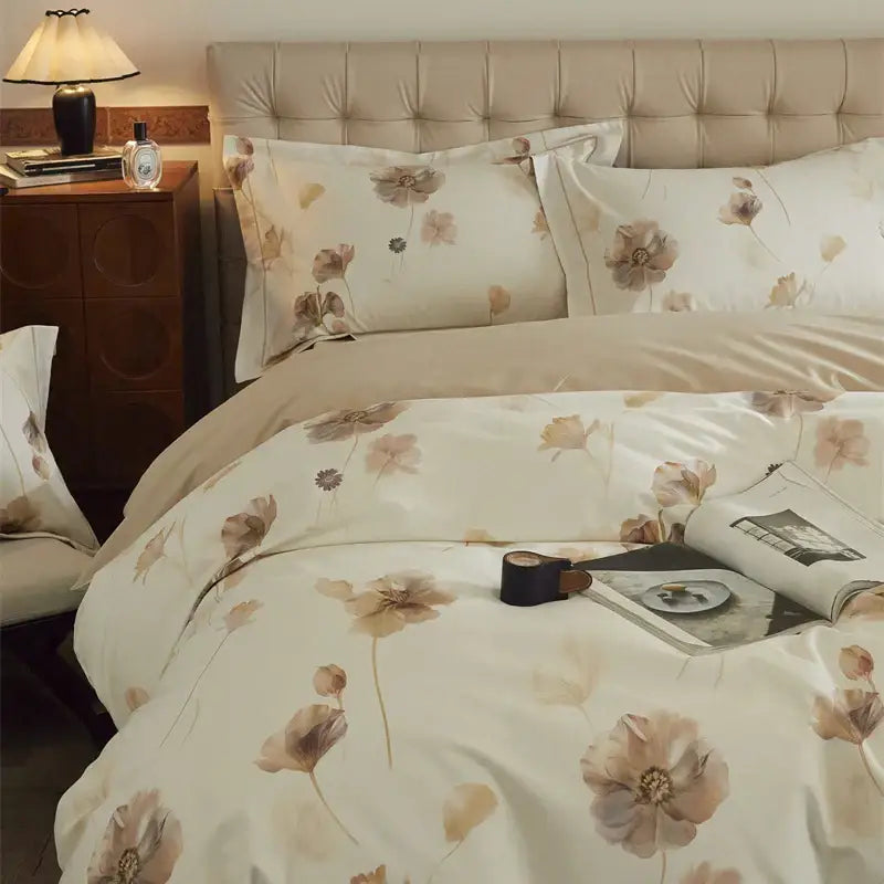 Beige & blush butterfly blooming flowers bedding set bedroom cotton