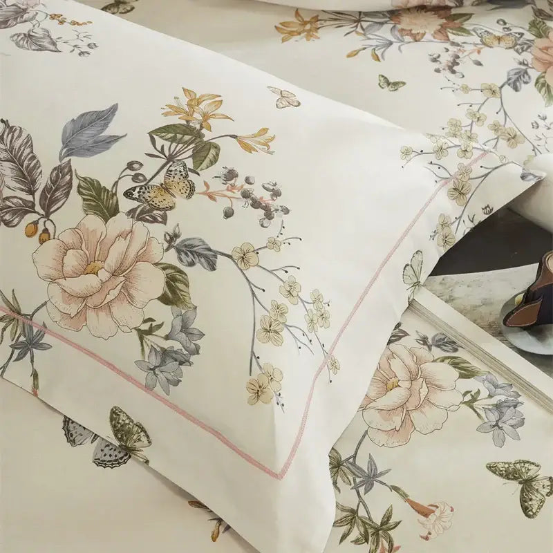 Beige & blush butterfly blooming flowers bedding set bedroom cotton