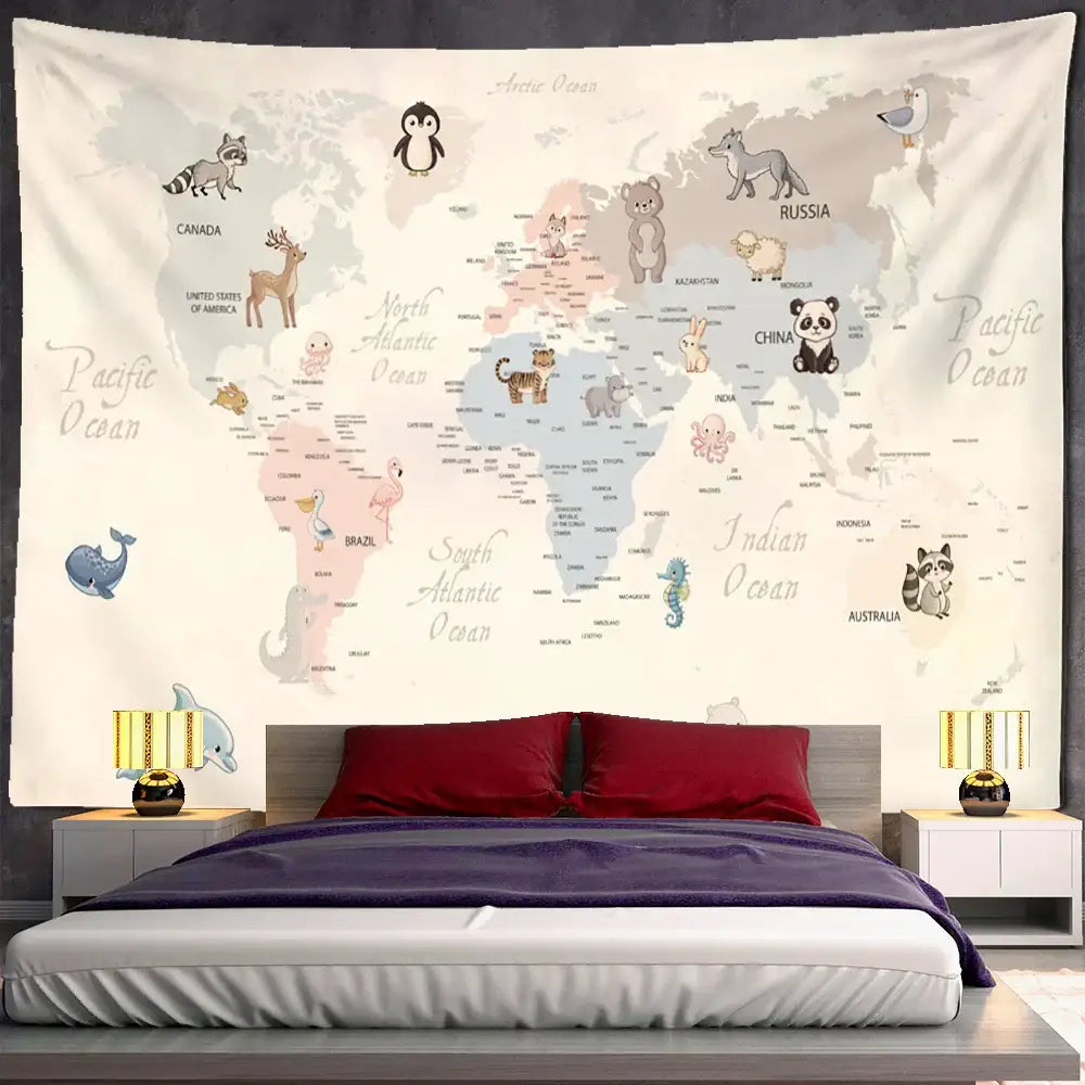 DecorBites™ Cartoon Animals Map Tapestry Wall Hanging for Cute Children's Room Decor