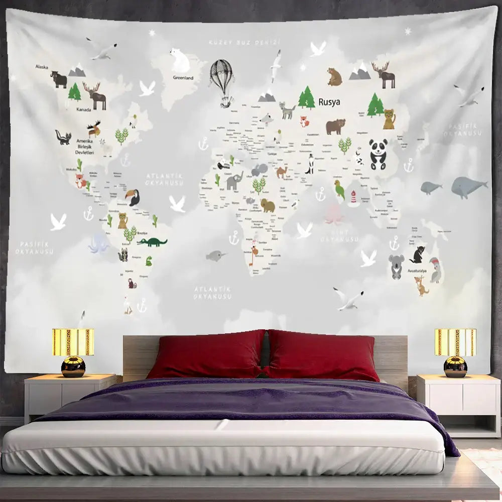 DecorBites™ Cartoon Animals Map Tapestry Wall Hanging for Cute Children's Room Decor