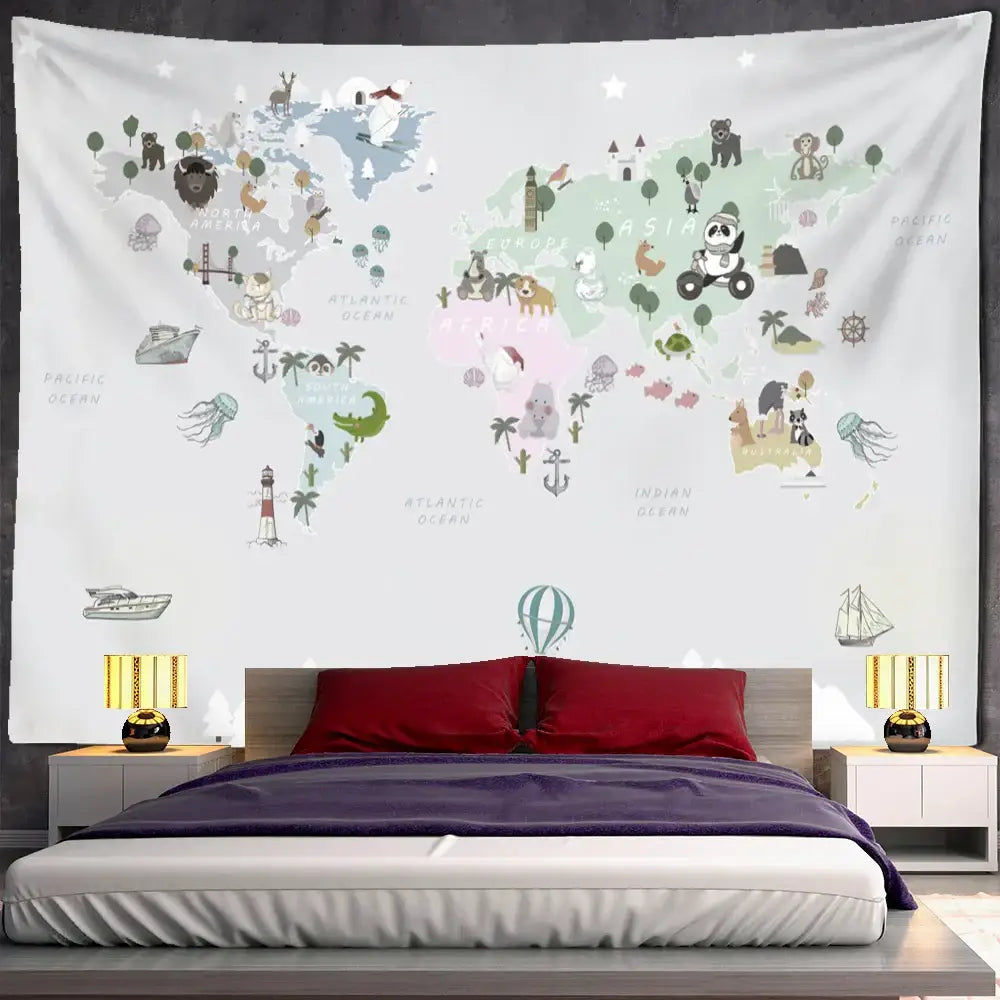 DecorBites™ Cartoon Animals Map Tapestry Wall Hanging for Cute Children's Room Decor
