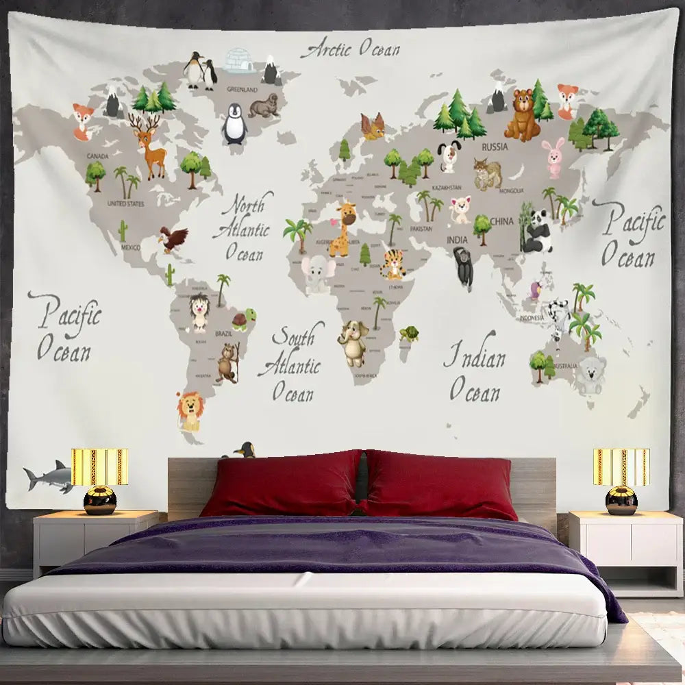 DecorBites™ Cartoon Animals Map Tapestry Wall Hanging for Cute Children's Room Decor