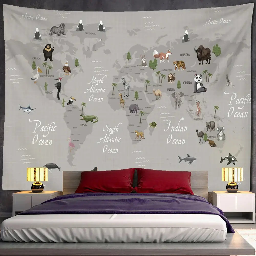 DecorBites™ Cartoon Animals Map Tapestry Wall Hanging for Cute Children's Room Decor