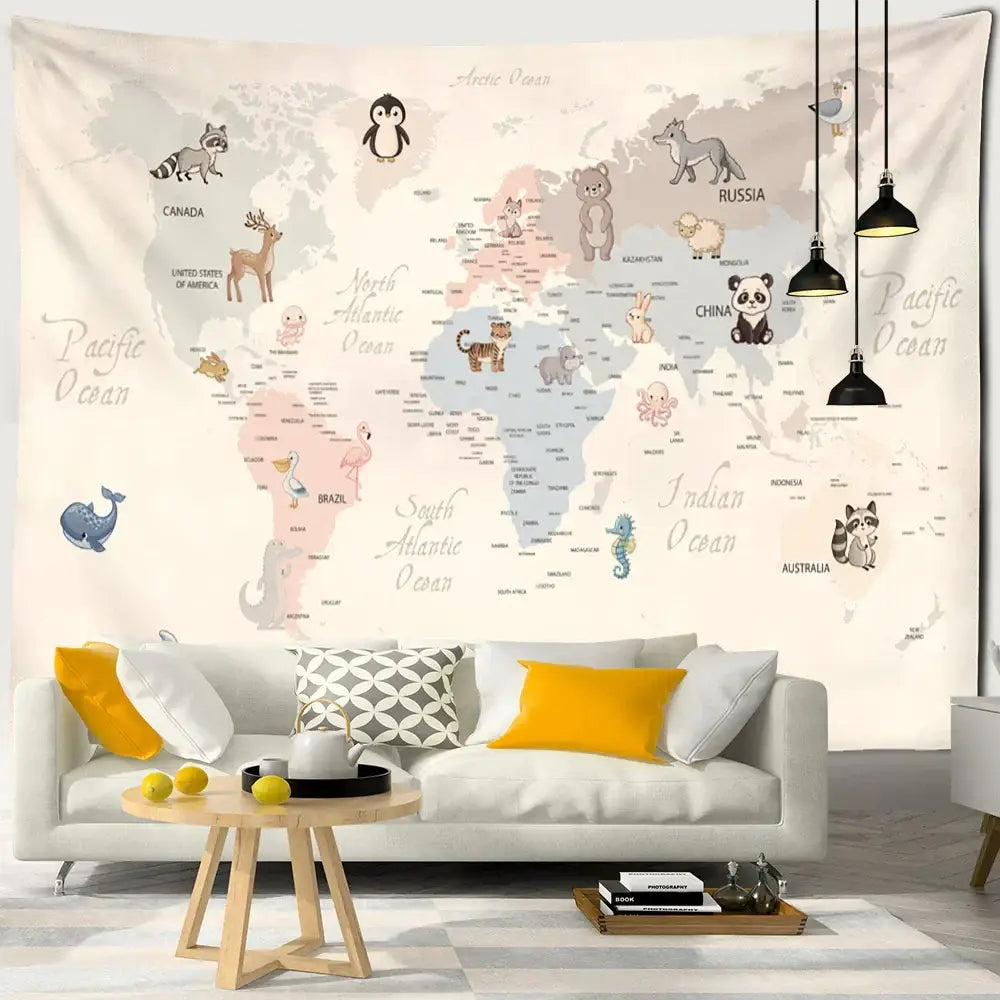 DecorBites™ Cartoon Animals Map Tapestry Wall Hanging for Cute Children's Room Decor