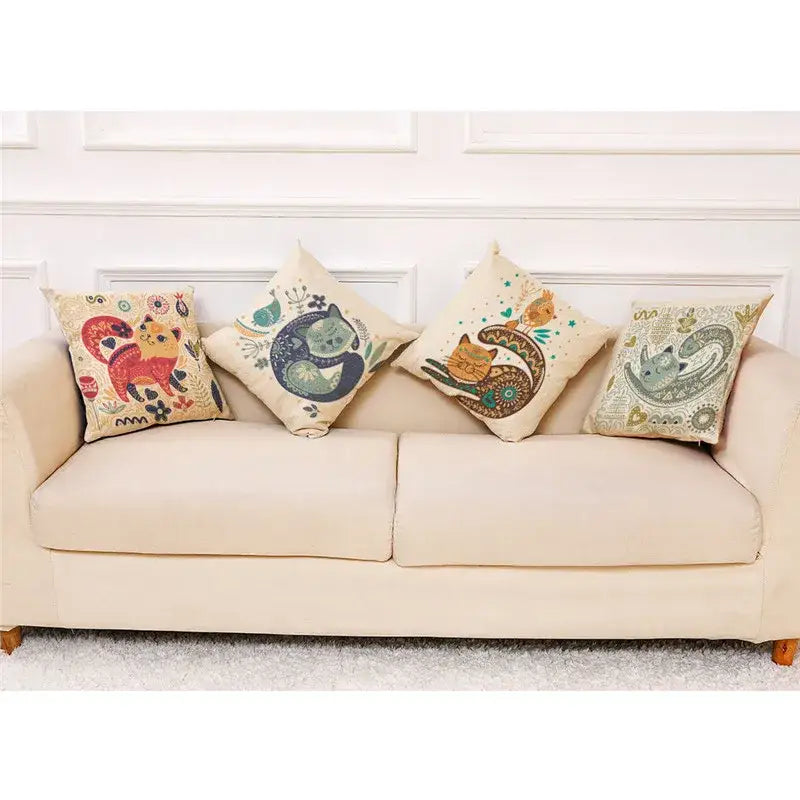 Beige cartoon cat linen pillowcase bedroom decor