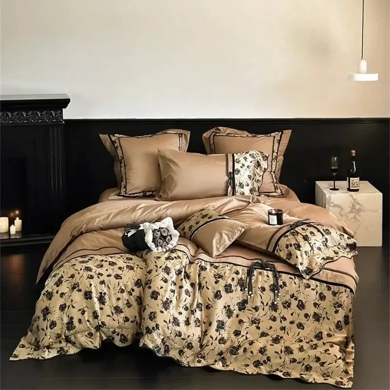 Beige floral satin cotton patchwork bedding set bedroom linens
