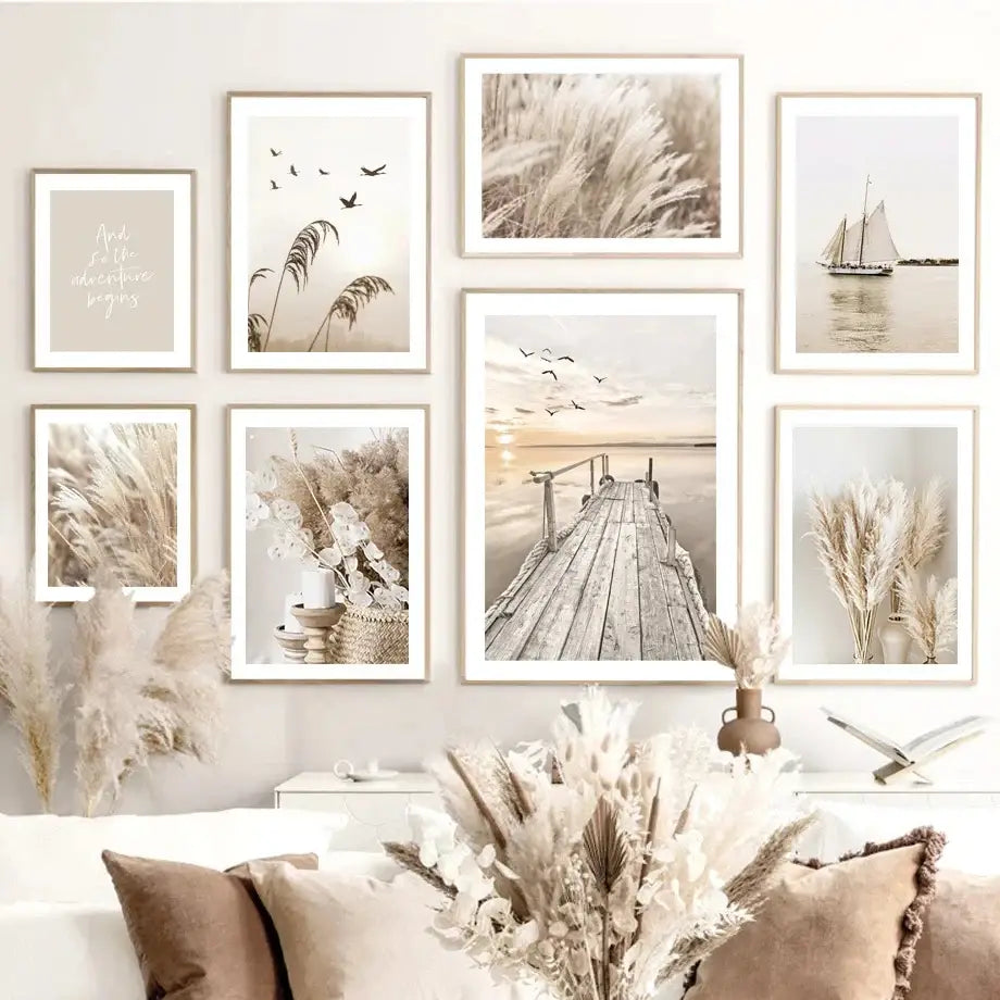 Beige flower grass bird canvas print living room wall art