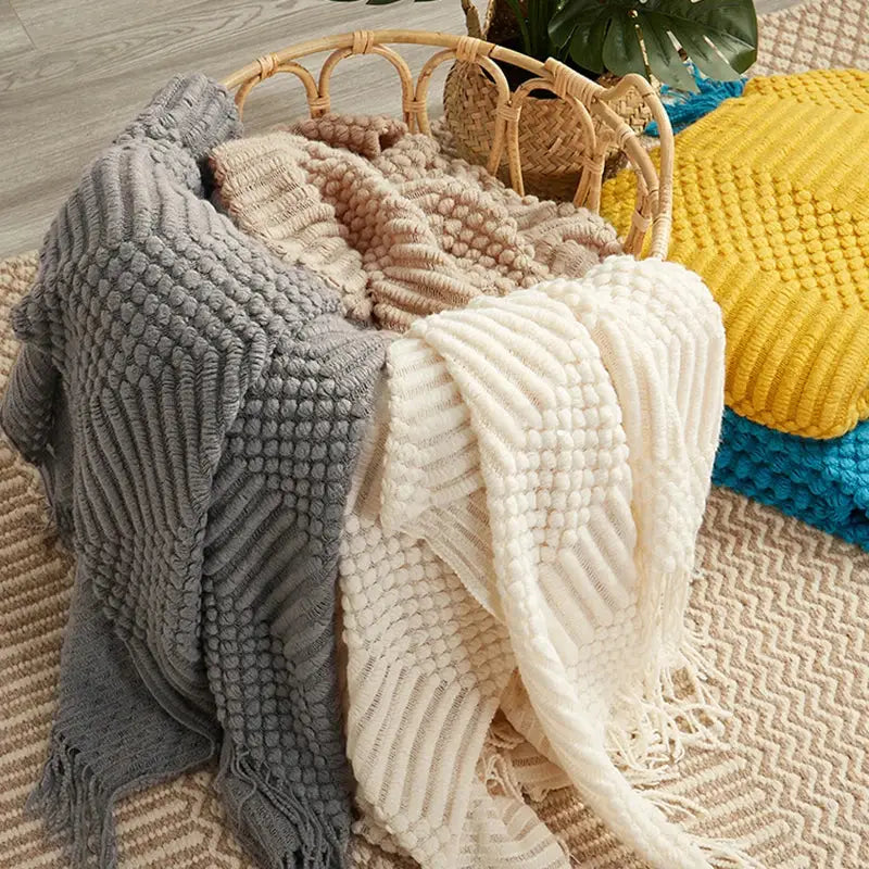 DecorBites™ 3D Knitted Tassel Blanket: Stylish Home Decor Throw for Sofa & Bed