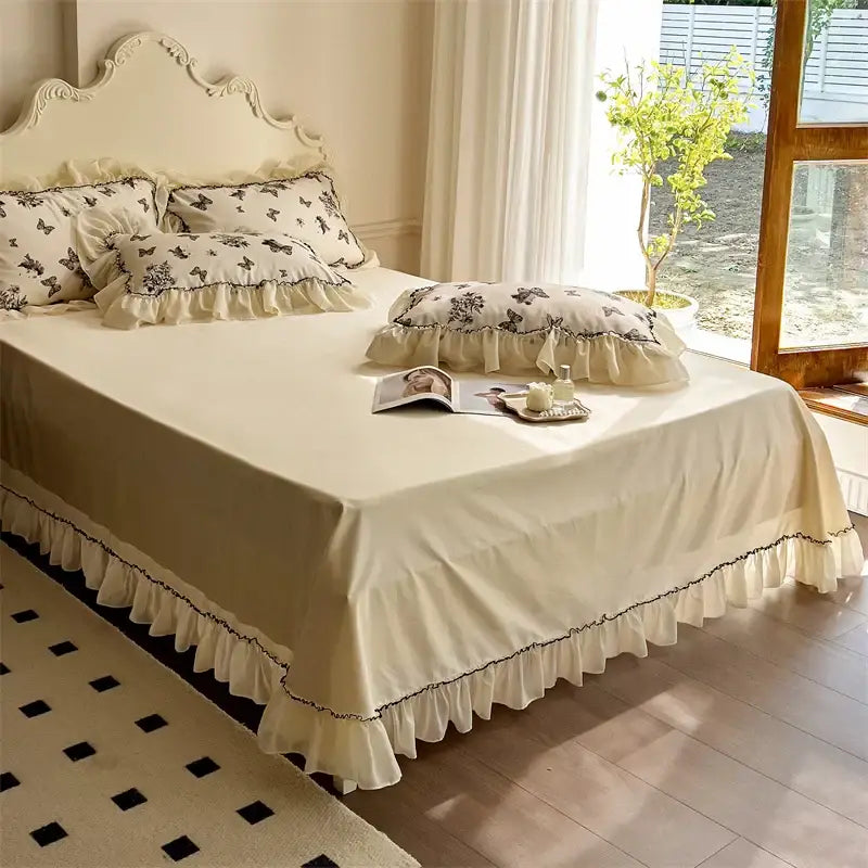 DecorBites™ Beige Lace Ruffles Butterfly Flowers Print Bedding Set with Egyptian Cotton Quality