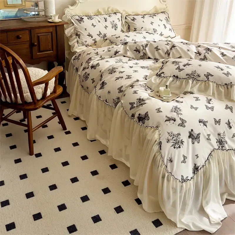 DecorBites™ Beige Lace Ruffles Butterfly Flowers Print Bedding Set with Egyptian Cotton Quality