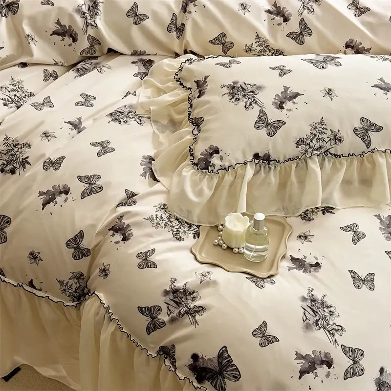 DecorBites™ Beige Lace Ruffles Butterfly Flowers Print Bedding Set with Egyptian Cotton Quality