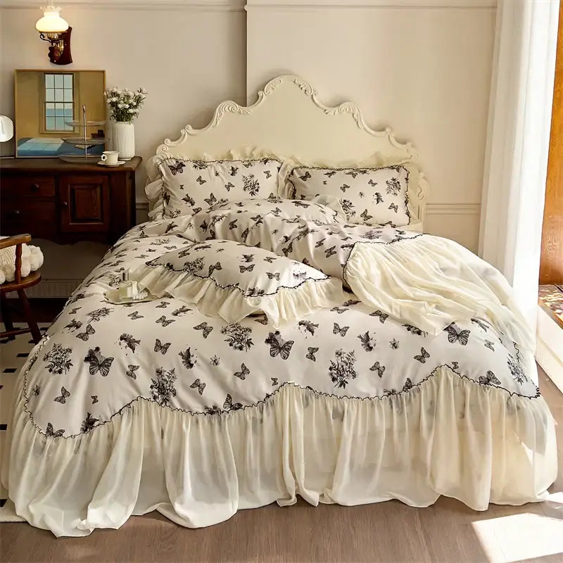 DecorBites™ Beige Lace Ruffles Butterfly Flowers Print Bedding Set with Egyptian Cotton Quality