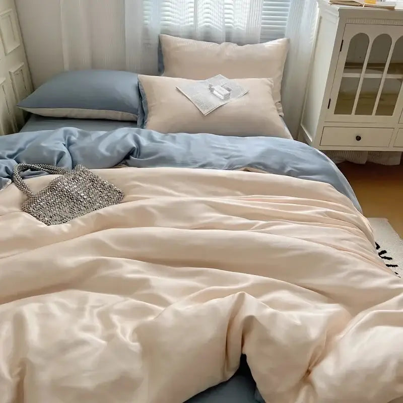 Beige & light blue ice silky solid bedding set bedroom duvet cover