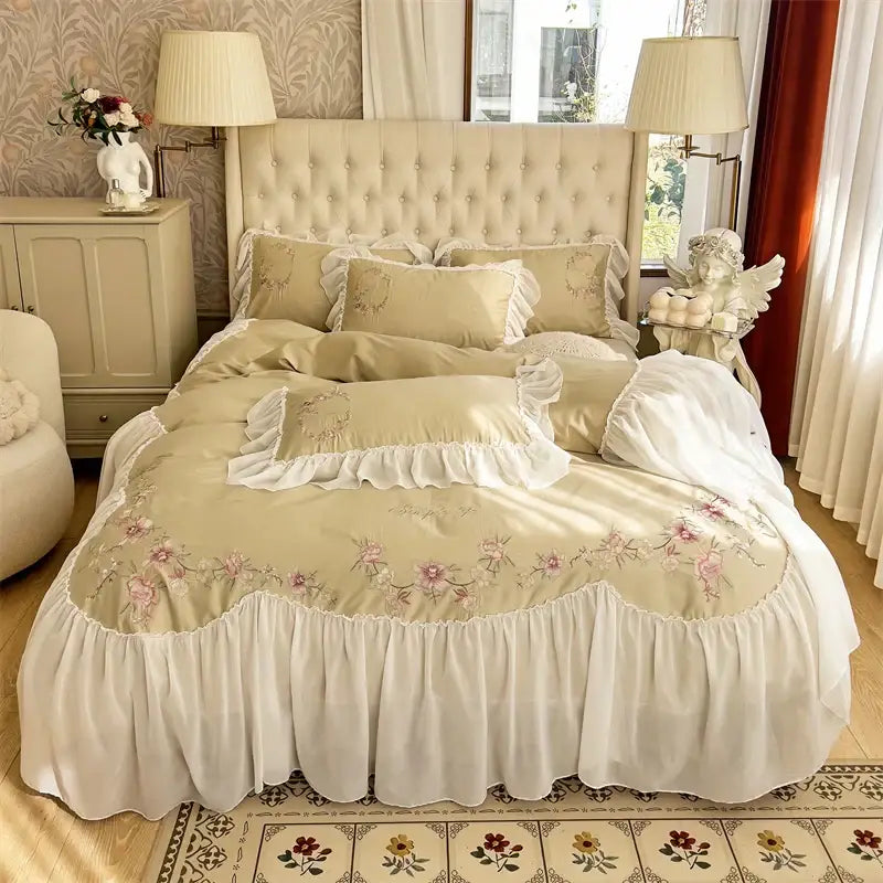 Beige pink lace embroidery bedding set – bedroom floral duvet cover