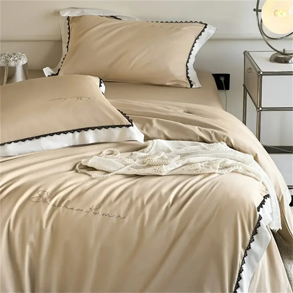 Beige & white hot diamond lace bedding set bedroom duvet cover