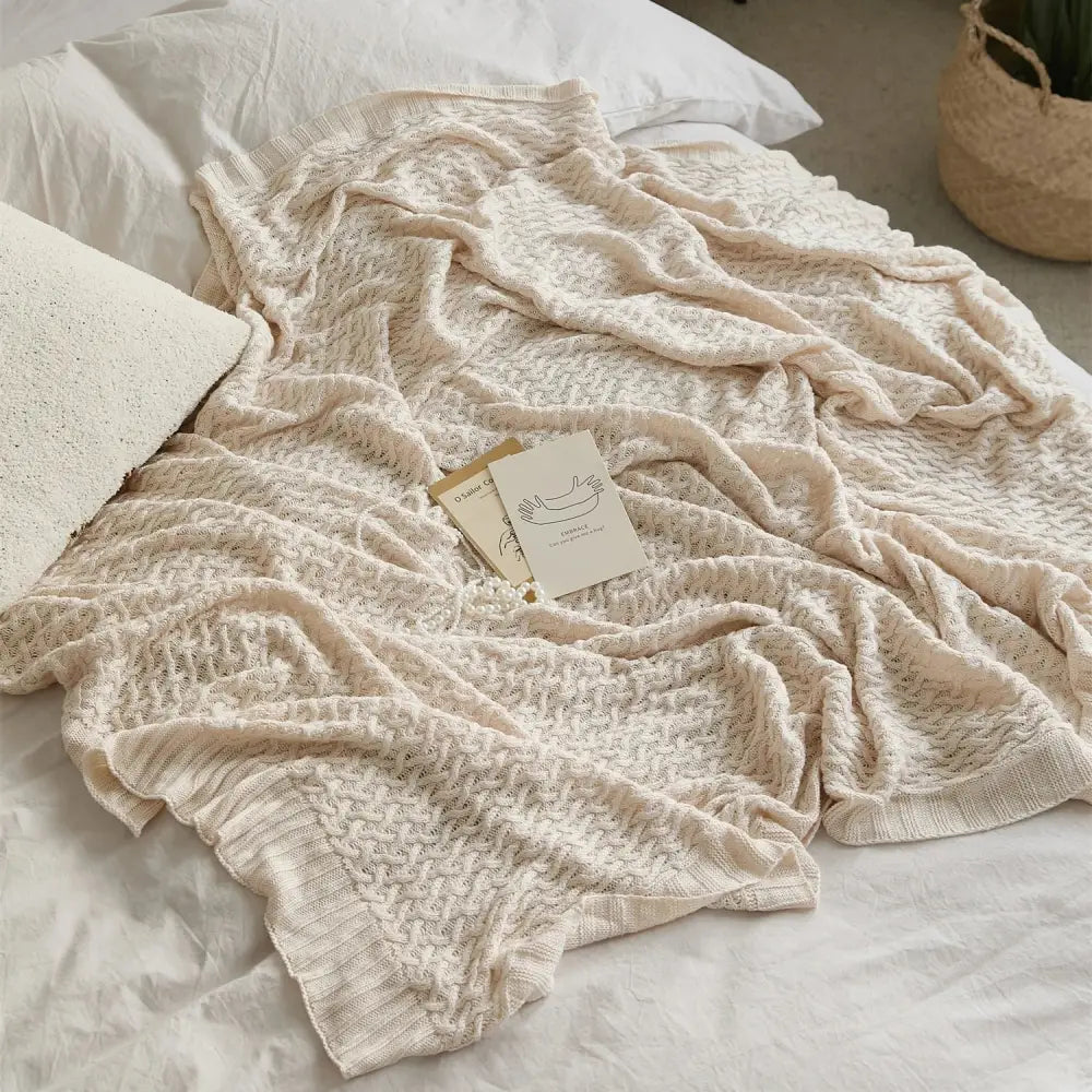 Beige & wine knitted bamboo cool summer air conditioning blanket bedroom