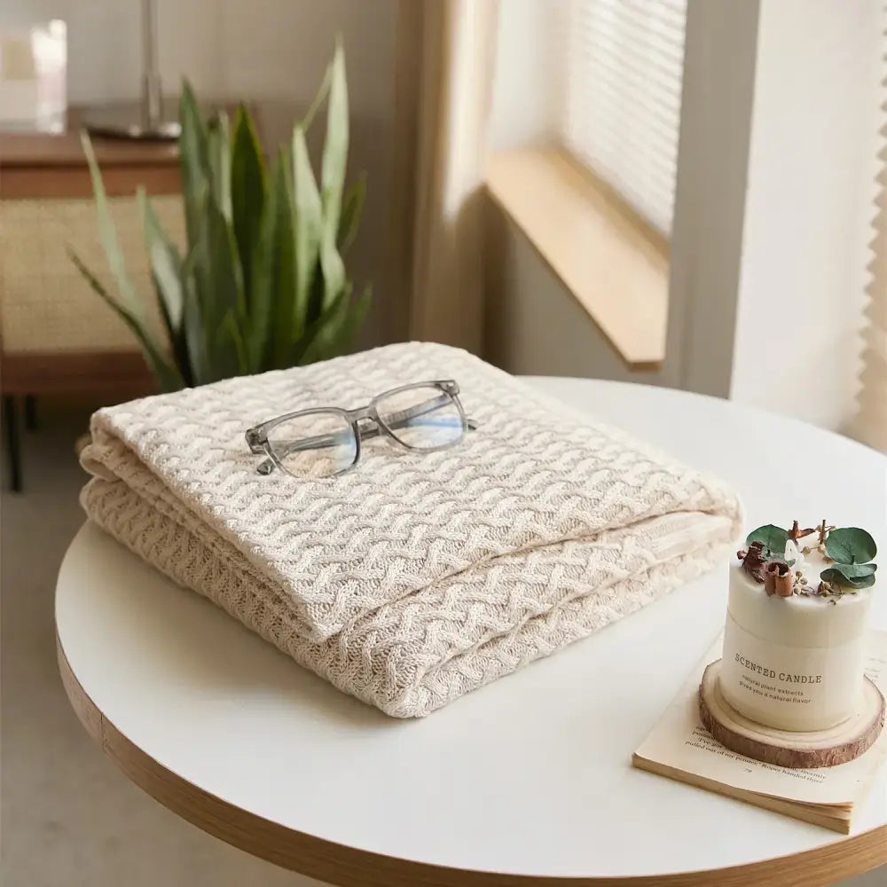 Beige & wine knitted bamboo cool summer air conditioning blanket bedroom
