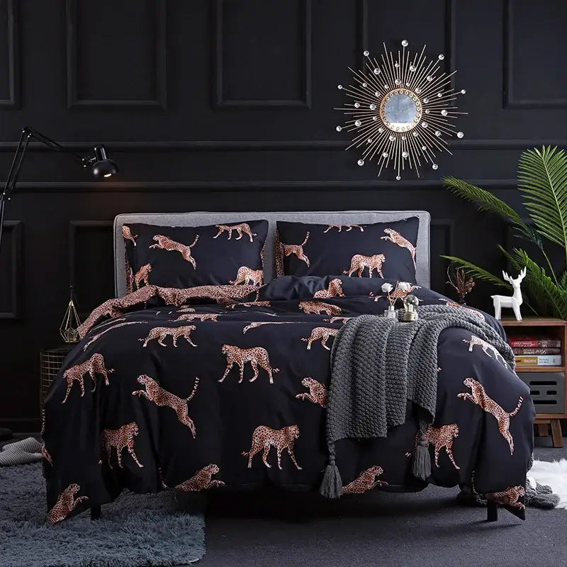 Black and rose gold leopard print duvet set bedroom bedding