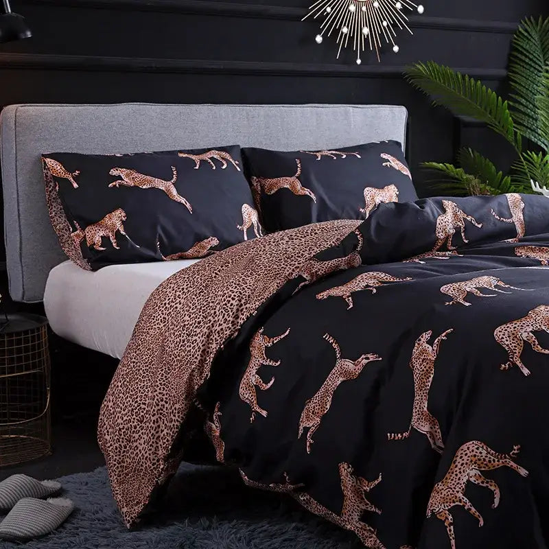 Black and rose gold leopard print duvet set bedroom bedding