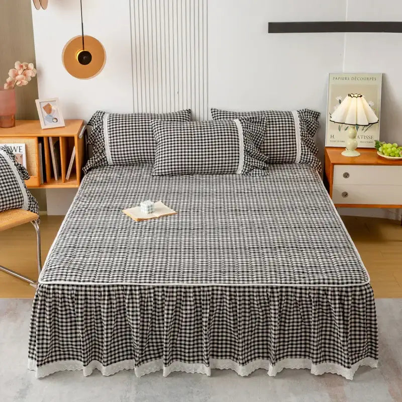 Black and white cotton plaid stripe bedding set bedroom ruffles