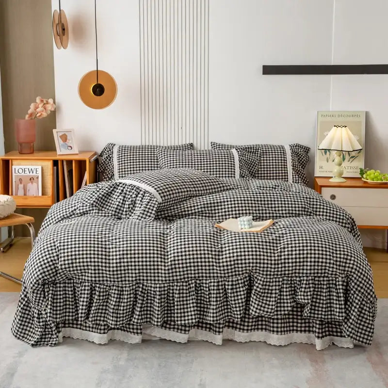 Black and white cotton plaid stripe bedding set bedroom ruffles