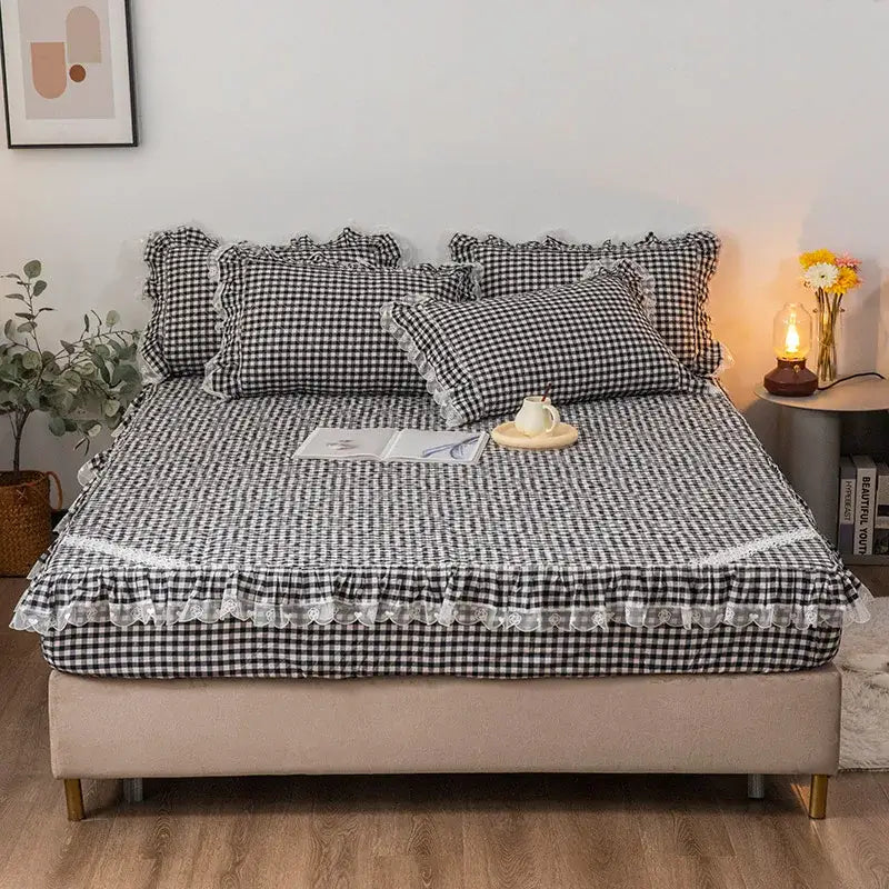 Black and white cotton plaid stripe bedding set bedroom ruffles