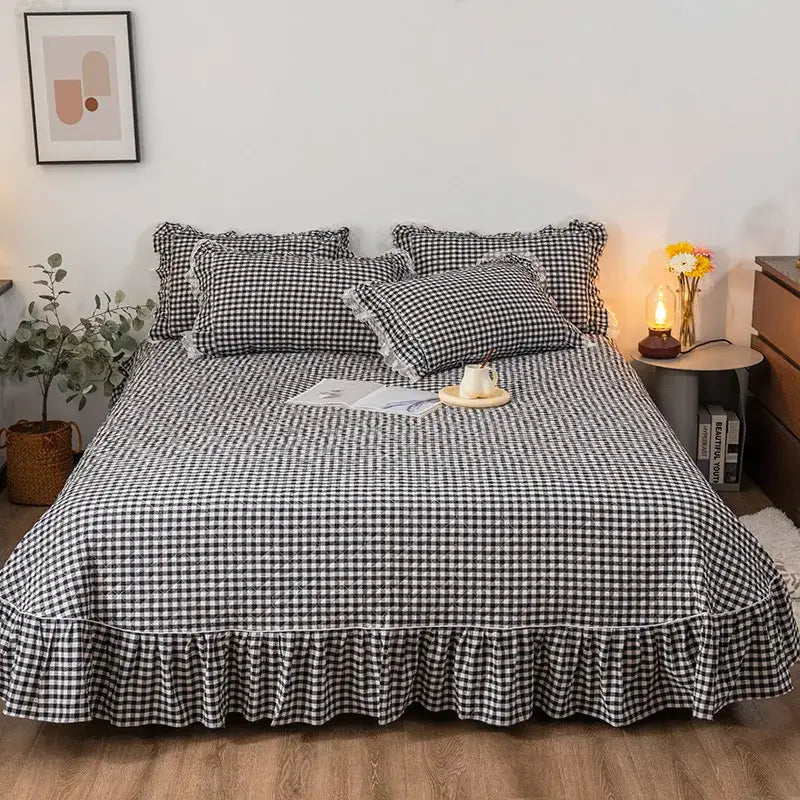 Black and white cotton plaid stripe bedding set bedroom ruffles