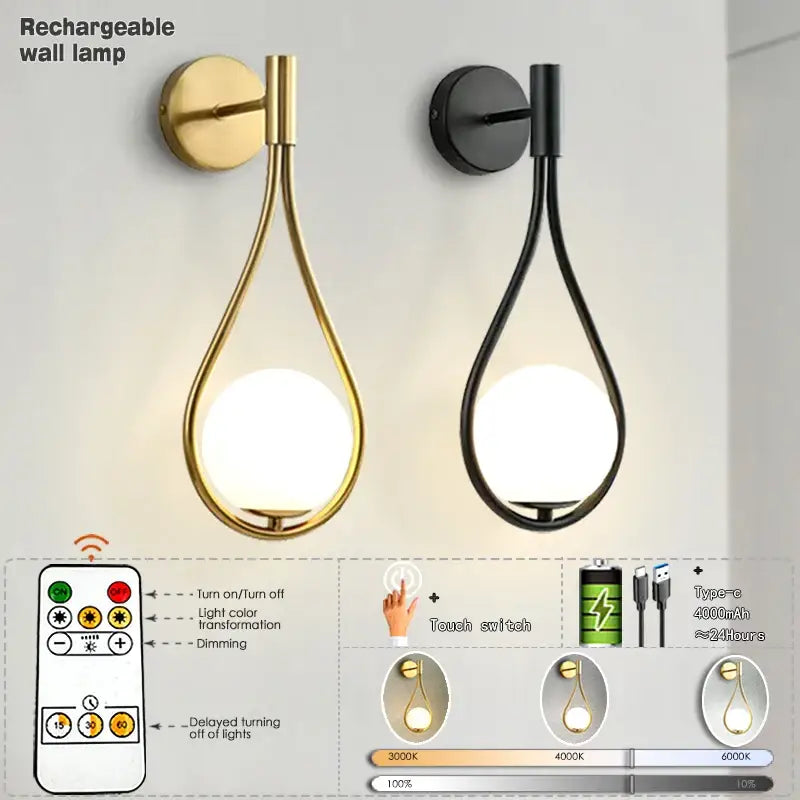 Modern black battery wall sconces with remote control for bedroom