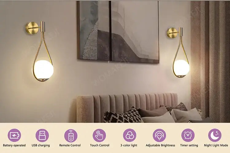 Modern black battery wall sconces with remote control for bedroom