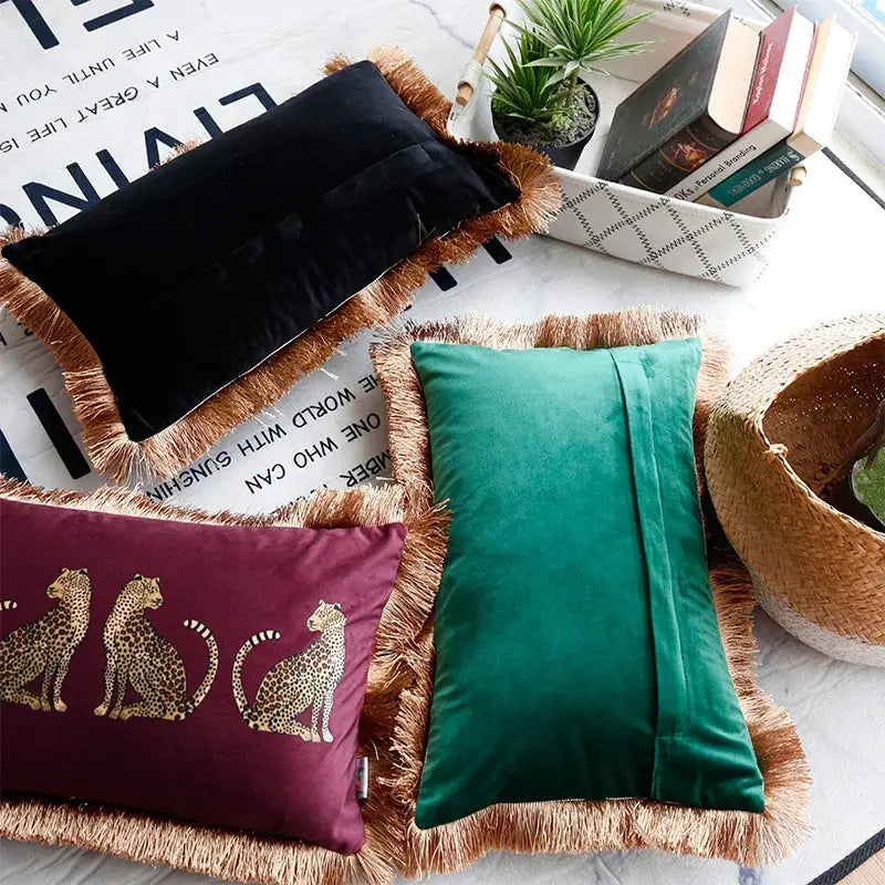Black & gold leopard print throw pillow cover living room tassels