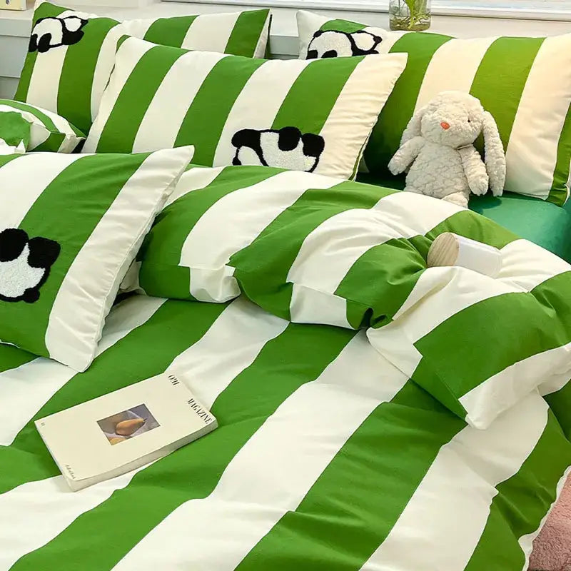 Black & gray cat embroidery stripes bedding set – bedroom bedclothes