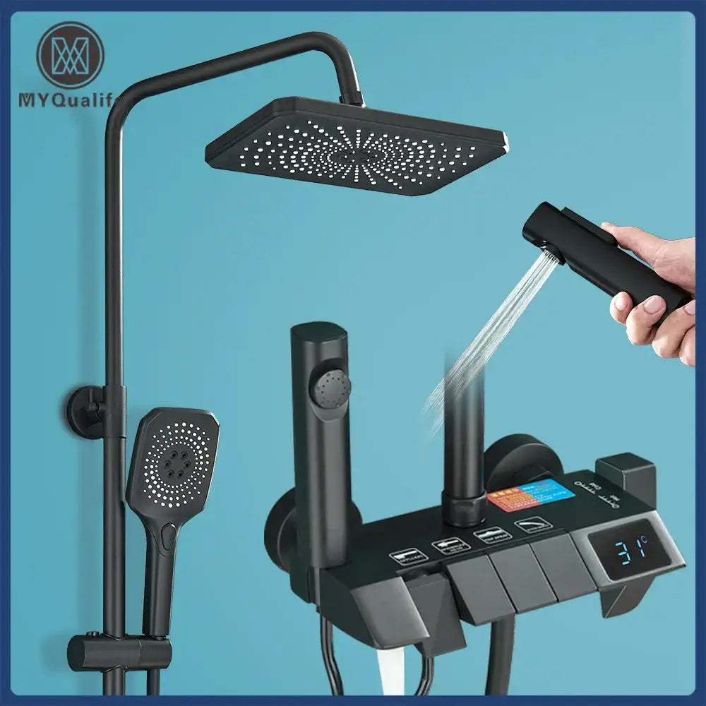 DecorBites™ Black Piano Digital Shower System with Intelligent Brass Faucets and White Rainfall Shower