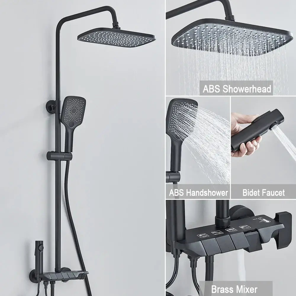DecorBites™ Black Piano Digital Shower System with Intelligent Brass Faucets and White Rainfall Shower