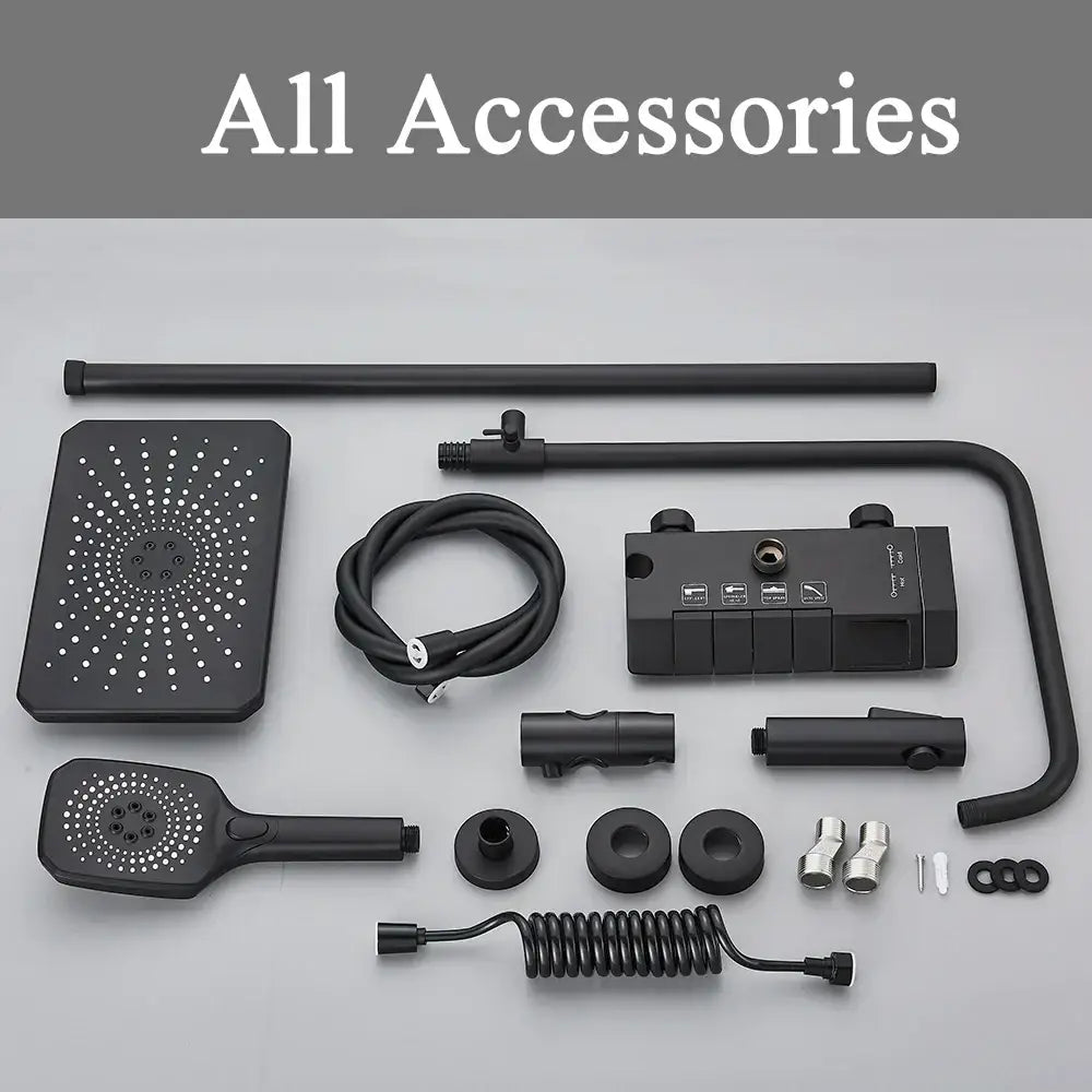 DecorBites™ Black Piano Digital Shower System with Intelligent Brass Faucets and White Rainfall Shower