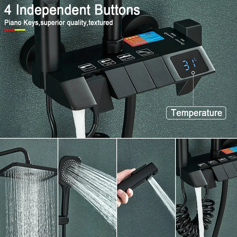 DecorBites™ Black Piano Digital Shower System with Intelligent Brass Faucets and White Rainfall Shower