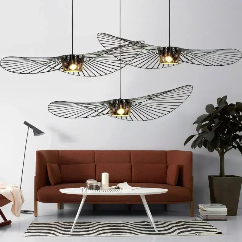 Black rattan hat led chandelier dining room metal ceiling fan