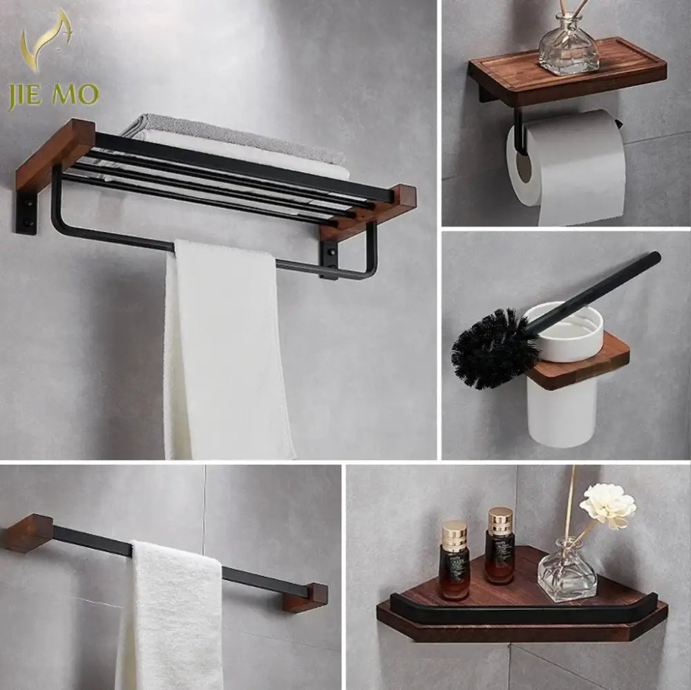 DecorBites™ Black Walnut Bathroom Set: Towel Rack, Bar, Shelf, Toilet Paper Holder, Brush Stand
