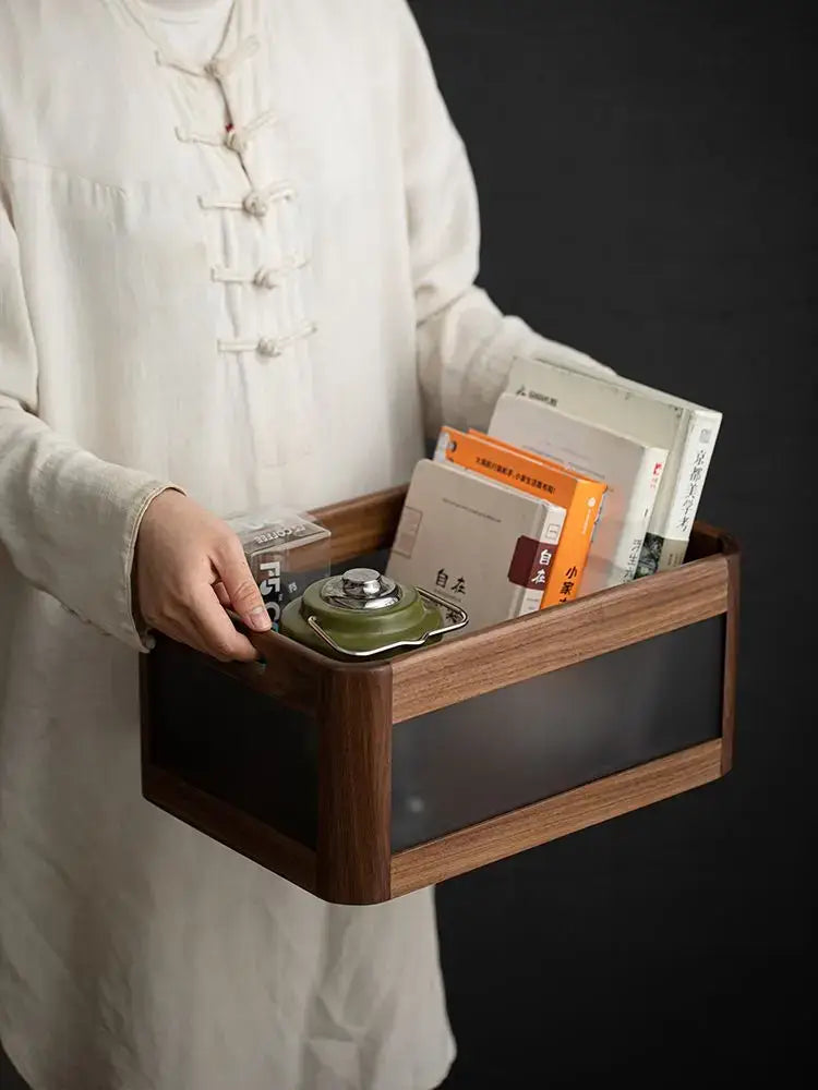 Black walnut wood desktop organizer set – office storage box