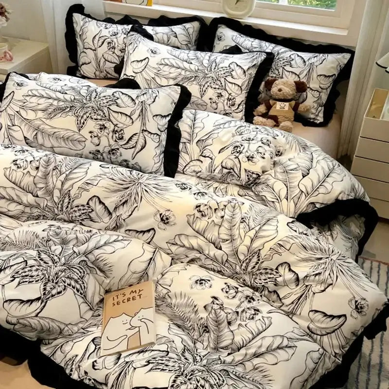 Black white printed floral ruffled bedding set bedroom linens